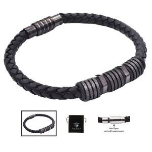 Men’s Black Leather Sandblasted Black Stainless Steel Bracelet BLACKJACK